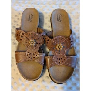Clarks Brown Leather Slide Sandals with Beaded Flower Detail